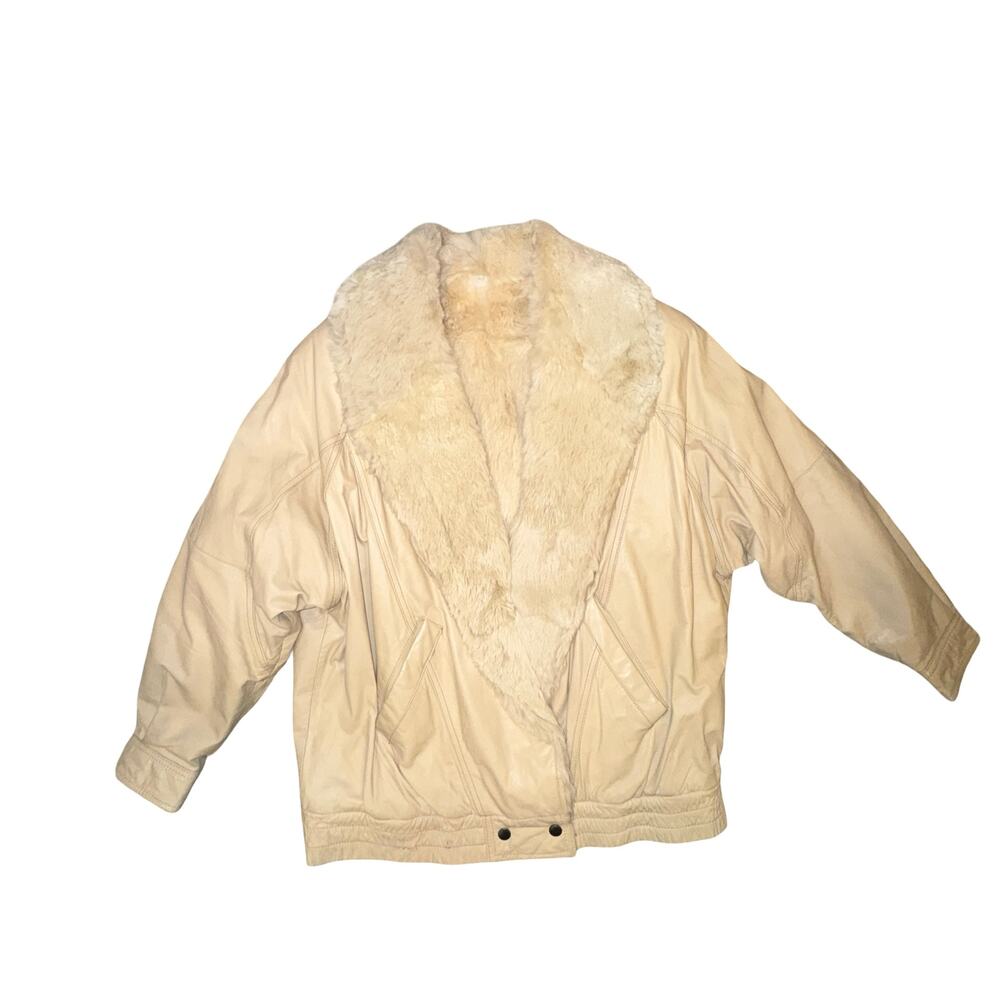 Vintage‎ 80s Cream Genuine Leather Jacket Rabbit Fur Lining Medium